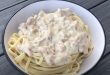 Préparation de spaghettis aux myes et à la crème